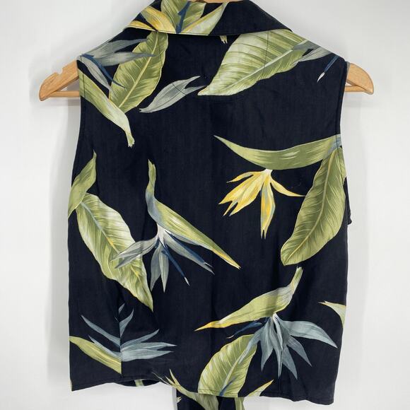 Banana Bay Top Women’s Medium Silk Knot Tie Front Tropical Palm Print Resortwear - Picture 2 of 6